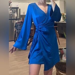 Zara Satin Effect Wrap Blue Mini Dress Size Large NWT